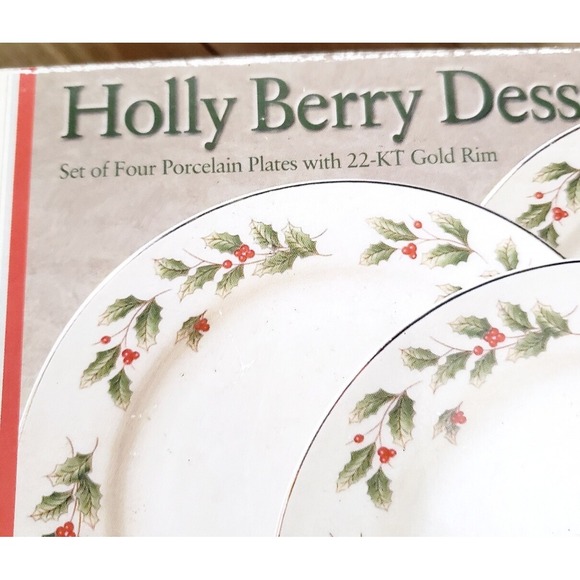 Holly Berry Dessert Plates Porcelain w/ 22-KT Gold Rim FL Mketplce Entertaining - Picture 7 of 7